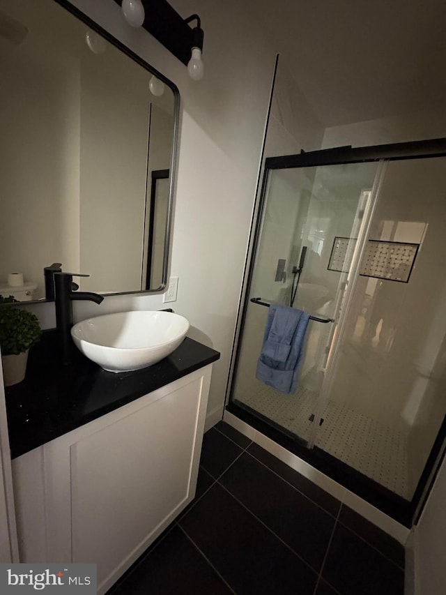 full bath with tile patterned flooring, a shower stall, and vanity