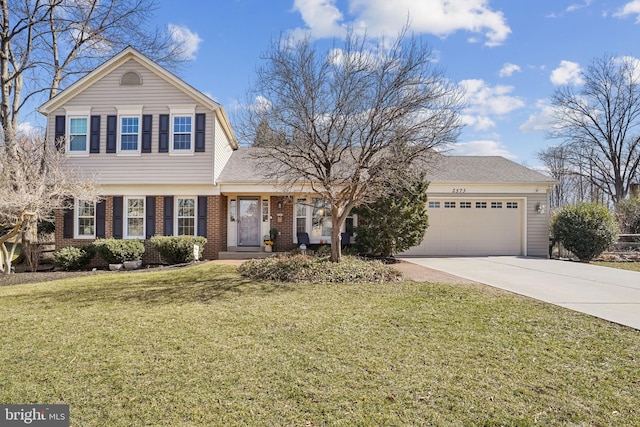 view of front of house with driveway, an attached garage, a front lawn, and brick siding