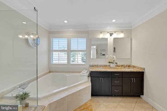 full bath with double vanity, a sink, ornamental molding, tile patterned floors, and a bath