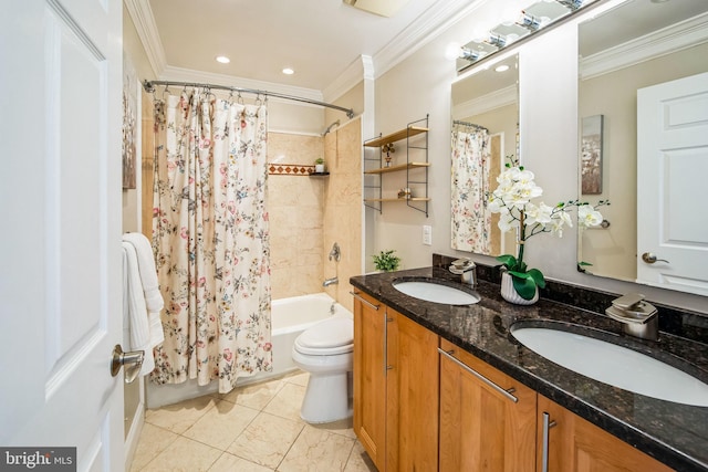 full bath with shower / bath combo, toilet, crown molding, and a sink