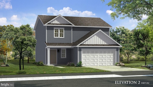 view of front of property featuring a shingled roof, board and batten siding, and a front yard