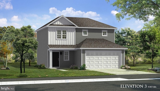 view of front of house featuring a shingled roof, concrete driveway, board and batten siding, a front yard, and a garage