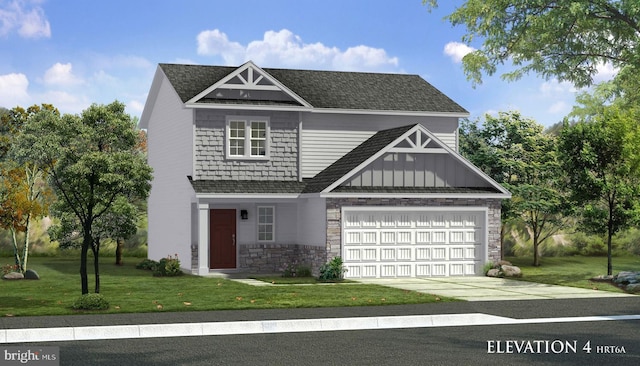 view of front of home featuring an attached garage, driveway, stone siding, a front lawn, and board and batten siding