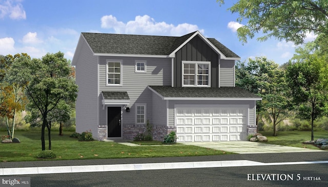 view of front of home with concrete driveway, stone siding, roof with shingles, a front lawn, and board and batten siding