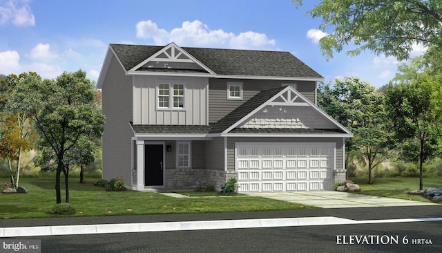 view of front facade with a garage, stone siding, concrete driveway, a front lawn, and board and batten siding