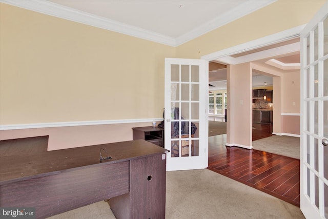 13010 Davenport Dr, Brandywine, MD 20613 - unfurnished office featuring wood finished floors, carpet flooring, crown molding, and french doors