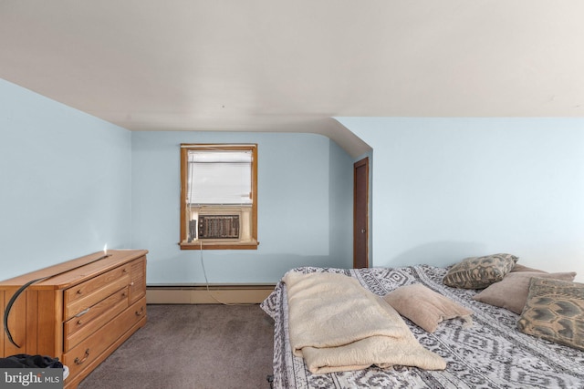 carpeted bedroom featuring a baseboard heating unit and cooling unit