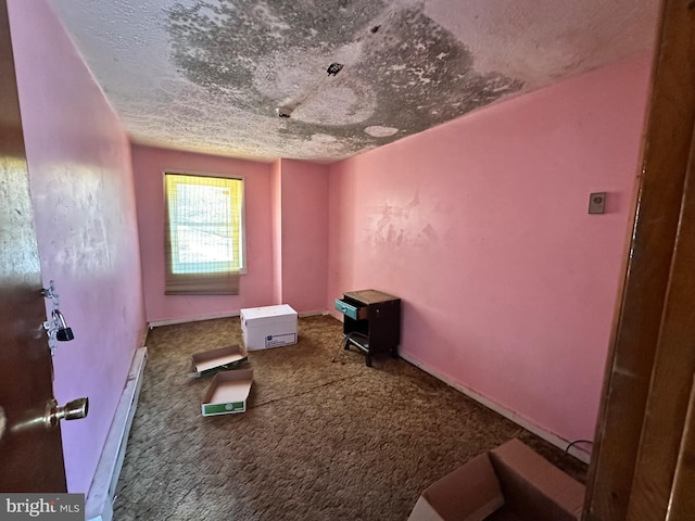 interior space with a textured ceiling, carpet floors, baseboard heating, and baseboards