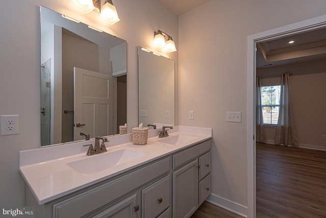 bathroom with a sink, baseboards, and wood finished floors