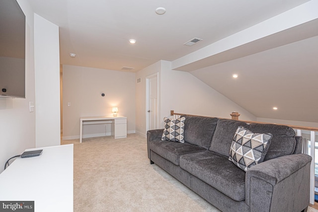 living room with baseboards, visible vents, light colored carpet, vaulted ceiling, and recessed lighting