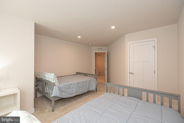 bedroom featuring carpet floors, baseboards, visible vents, and recessed lighting