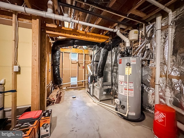 unfinished below grade area featuring water heater and heating unit