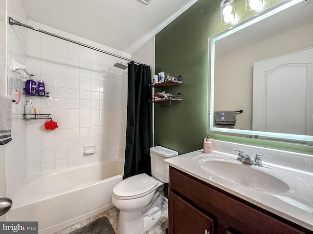 bathroom with vanity, shower / bath combination with curtain, toilet, and tile patterned floors