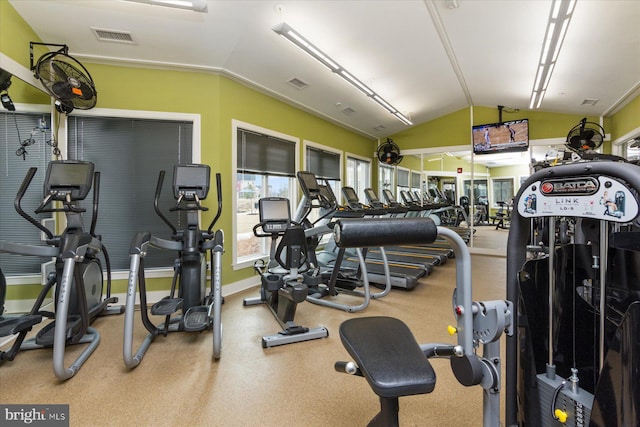 exercise room with visible vents, lofted ceiling, and baseboards