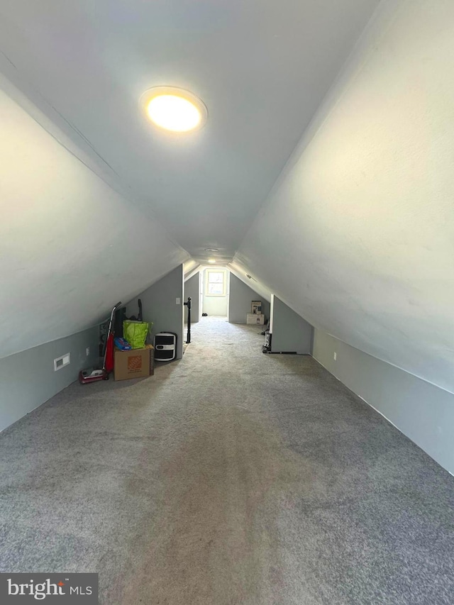 additional living space featuring lofted ceiling, carpet floors, and visible vents