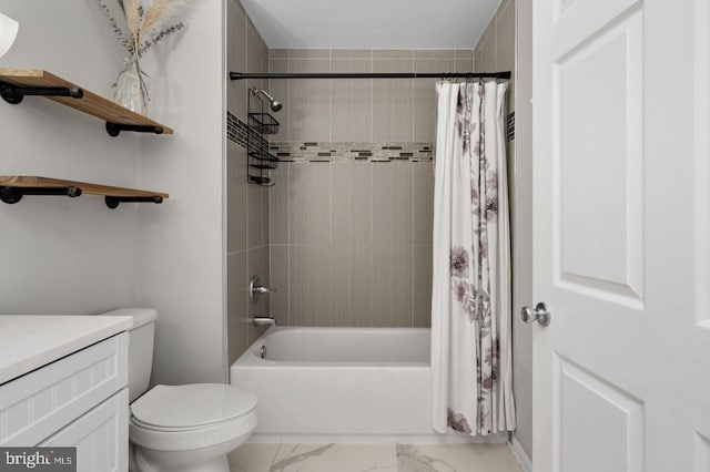 bathroom featuring toilet, marble finish floor, shower / tub combo with curtain, and vanity