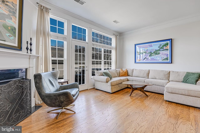 living room with wood finished floors, a high end fireplace, and crown molding