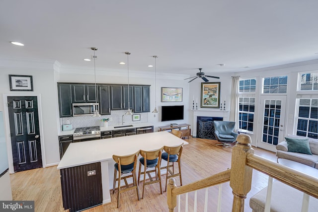 kitchen with stainless steel appliances, light wood-style floors, light countertops, and a fireplace