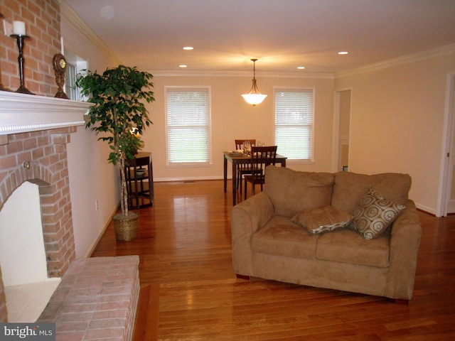 living room featuring ornamental molding, wood finished floors, and recessed lighting