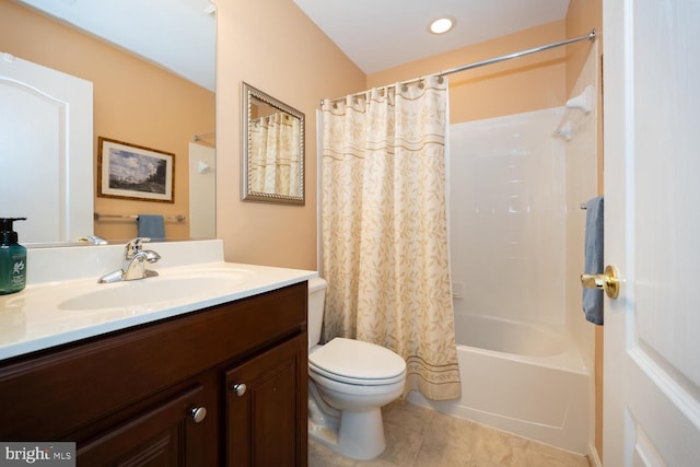 full bath with tile patterned flooring, shower / bath combo, vanity, and toilet