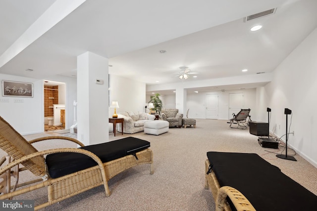 living area featuring carpet, recessed lighting, visible vents, ceiling fan, and baseboards