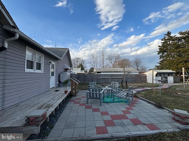 view of patio / terrace featuring an outbuilding and a fenced backyard