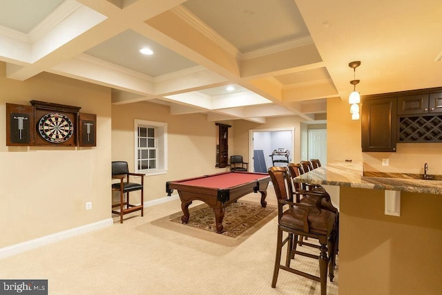 game room with beamed ceiling, coffered ceiling, and baseboards