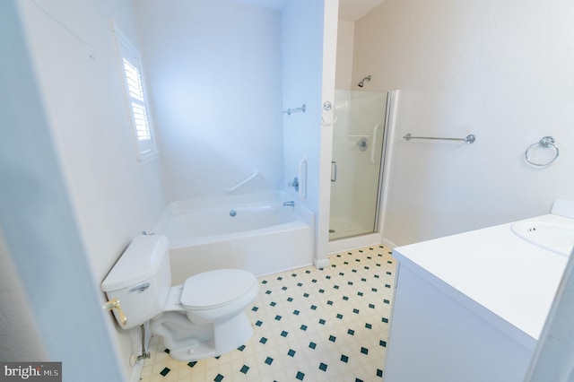 full bathroom with tile patterned floors, toilet, a stall shower, vanity, and a bath