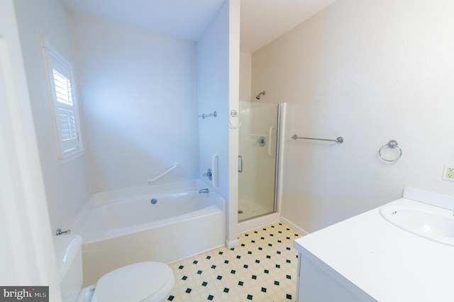 full bath featuring a garden tub, toilet, vanity, tile patterned floors, and a stall shower