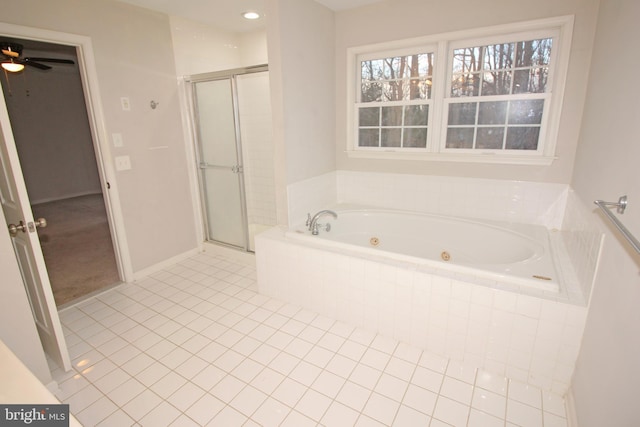 bathroom featuring a stall shower, recessed lighting, a whirlpool tub, and tile patterned floors