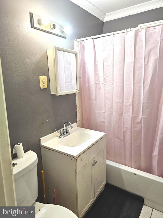 full bathroom featuring vanity, ornamental molding, tile patterned flooring, shower / tub combo, and toilet