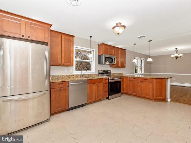 kitchen featuring stainless steel appliances, brown cabinets, a sink, and a peninsula