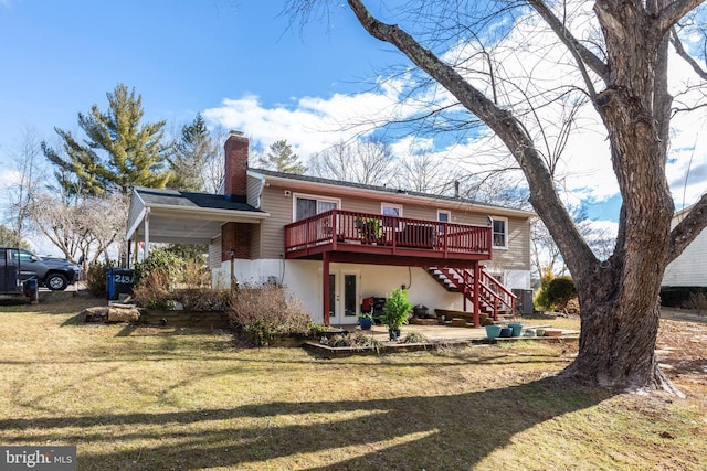 back of property featuring a deck, stairs, french doors, a lawn, and a chimney