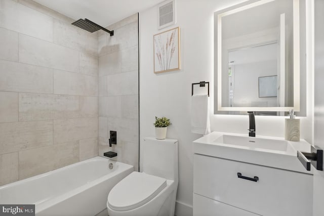 bathroom with toilet, shower / bath combination, visible vents, and vanity