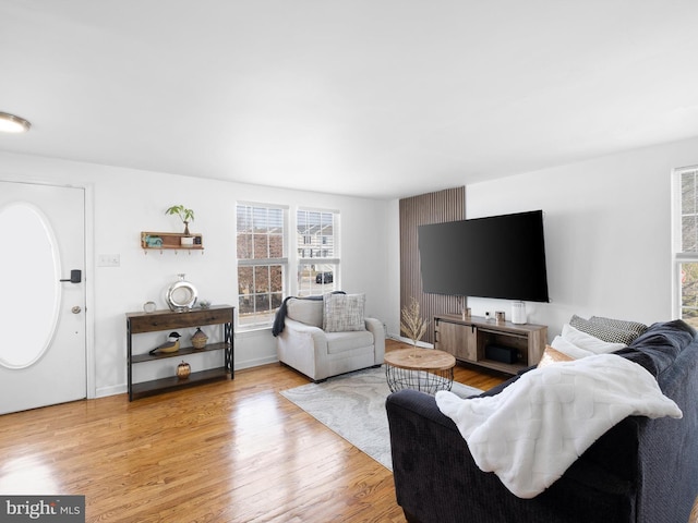 living room with baseboards and wood finished floors