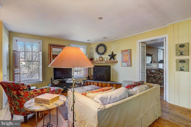 living room with a fireplace, wood finished floors, a wealth of natural light, and crown molding