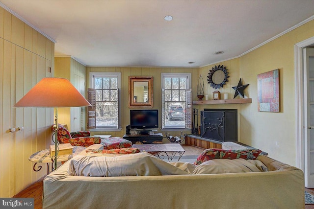 living area featuring a healthy amount of sunlight, crown molding, a fireplace, and wood finished floors