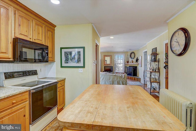 kitchen with electric stove, radiator, a fireplace with raised hearth, wood counters, and black microwave