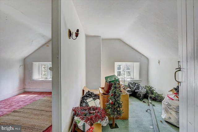 additional living space featuring lofted ceiling and carpet flooring