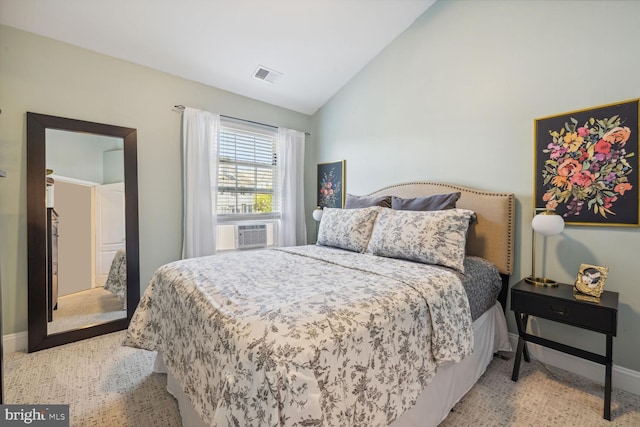 bedroom with lofted ceiling, light colored carpet, visible vents, cooling unit, and baseboards