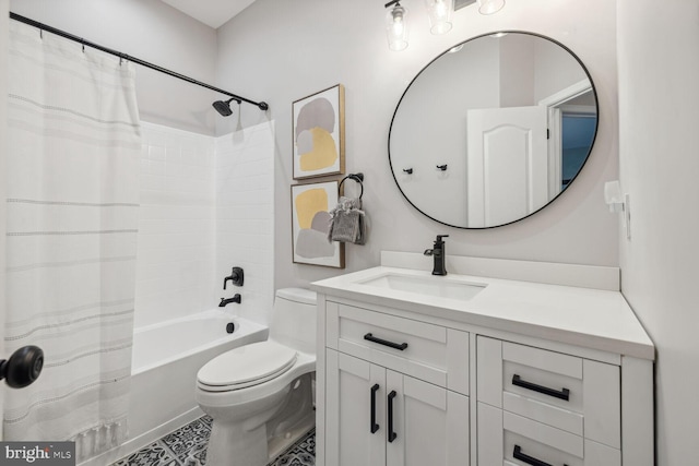 full bathroom with vanity, toilet, and shower / bathtub combination with curtain