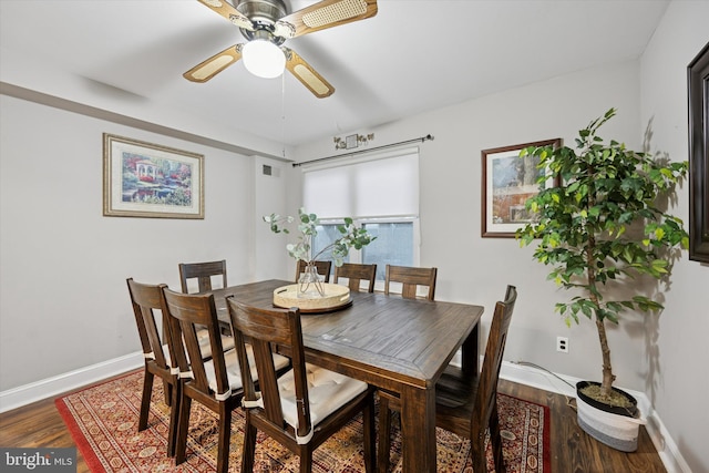 dining room featuring visible vents, baseboards, ceiling fan, and wood finished floors