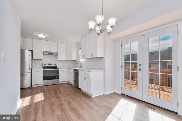 kitchen featuring visible vents, backsplash, under cabinet range hood, light countertops, and appliances with stainless steel finishes