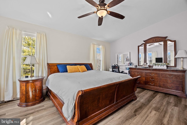 bedroom featuring lofted ceiling, ceiling fan, and wood finished floors