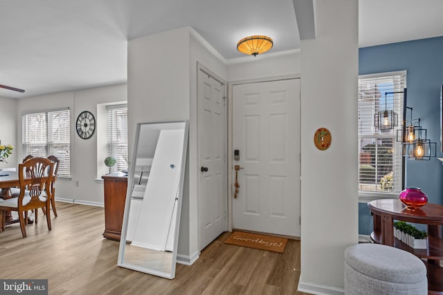 foyer entrance with baseboards and wood finished floors