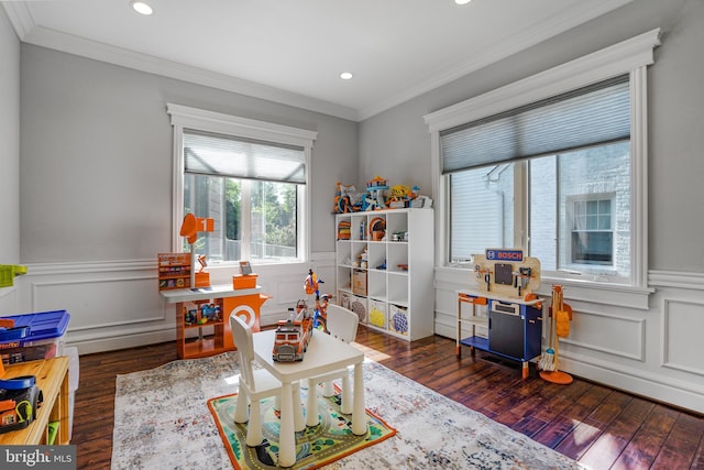 856 N Harrison St, Arlington, VA 22205 - rec room featuring recessed lighting, a wainscoted wall, ornamental molding, and dark wood finished floors