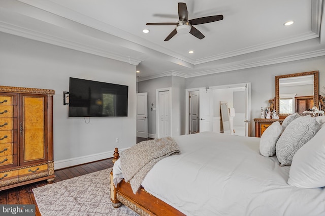 856 N Harrison St, Arlington, VA 22205 - bedroom featuring crown molding, a raised ceiling, recessed lighting, baseboards, and dark wood-type flooring