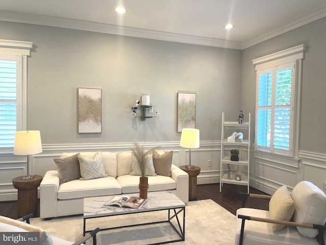 856 N Harrison St, Arlington, VA 22205 - living area with recessed lighting, ornamental molding, wood finished floors, and a wainscoted wall