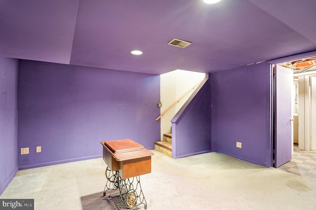 additional living space with baseboards, visible vents, stairway, carpet floors, and recessed lighting