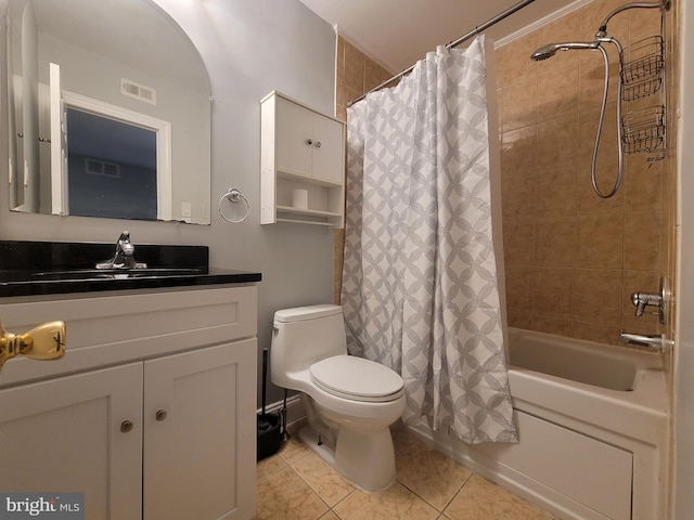 full bathroom featuring toilet, tile patterned flooring, visible vents, and shower / tub combo with curtain